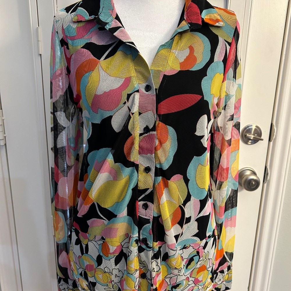 Joie Mesh Semi Sheer Black Floral Button Down Blouse Size S Mod ~ Spring!
